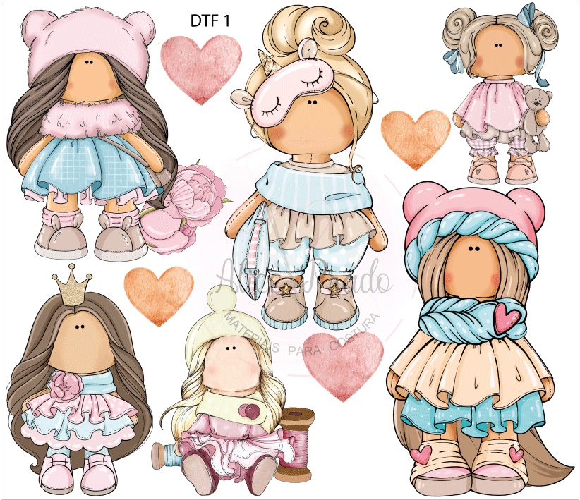 Ilustrações de cinco bonecas em estilo fofo com roupas em tons pastel e corações coloridos ao redor.