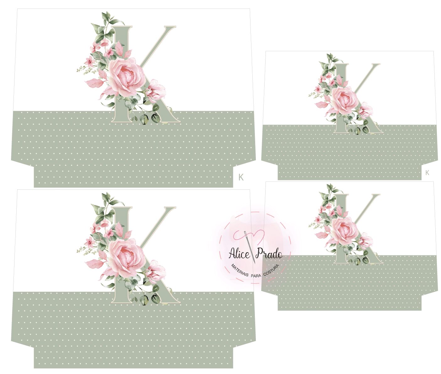 Moldes de caixas em papel com padrão branco e verde decorados com letra V e flores rosas