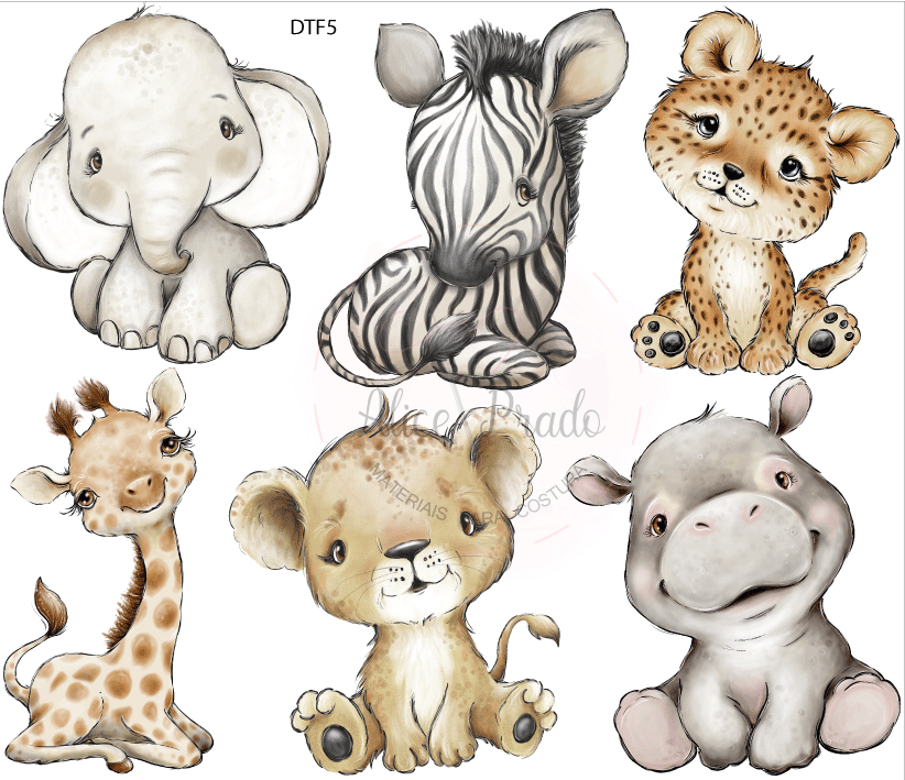 Desenhos de seis animais bebés fofos: elefante, zebra, leopardo, girafa, leão e hipopótamo.