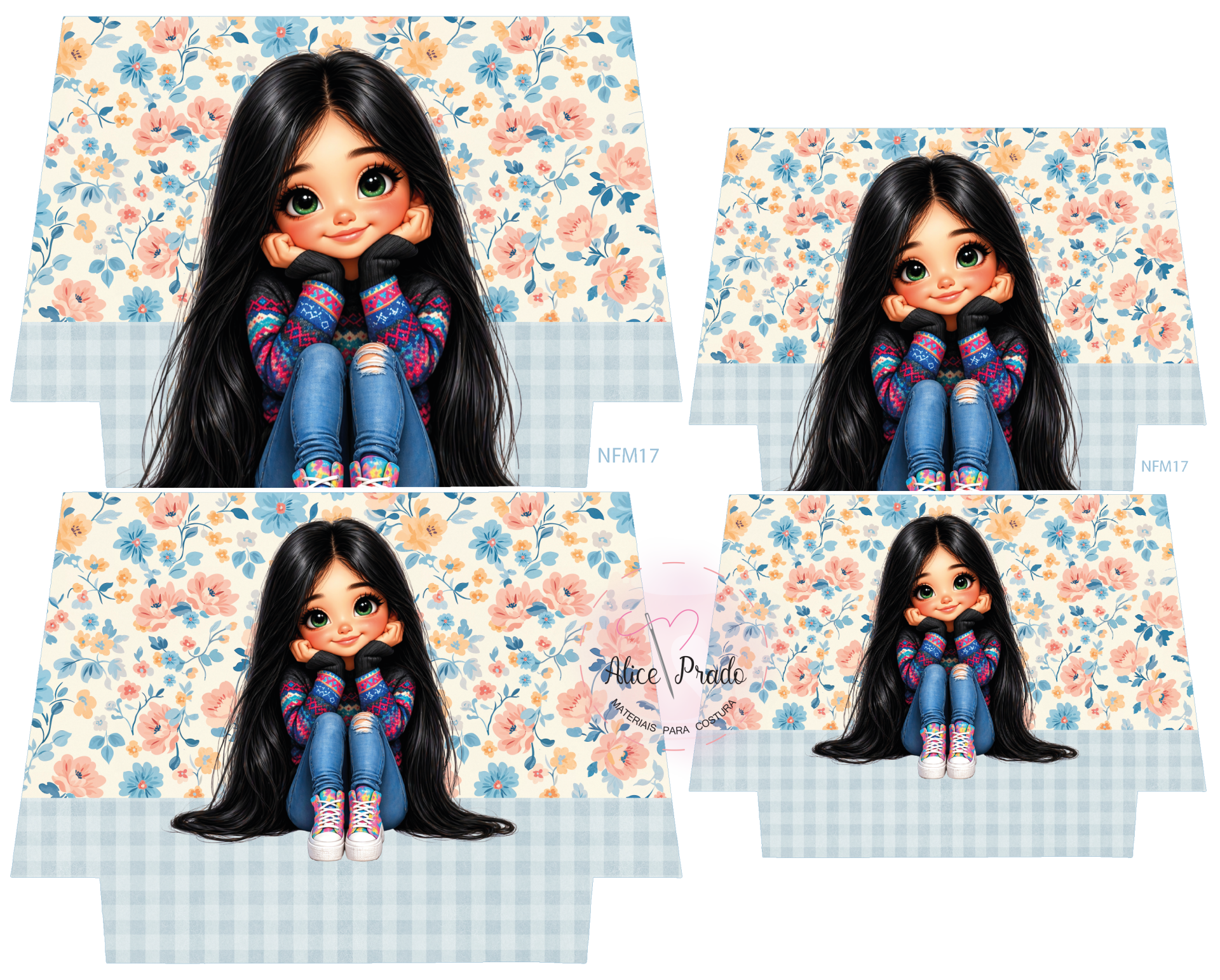Padrão de tecido com ilustração de menina juvenil com roupas coloridas, fundo floral e padrão xadrez azul claro.