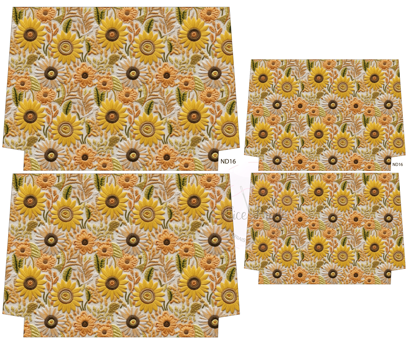 Toalhas retangulares com padrão de girassóis em tons de amarelo, castanho e bege