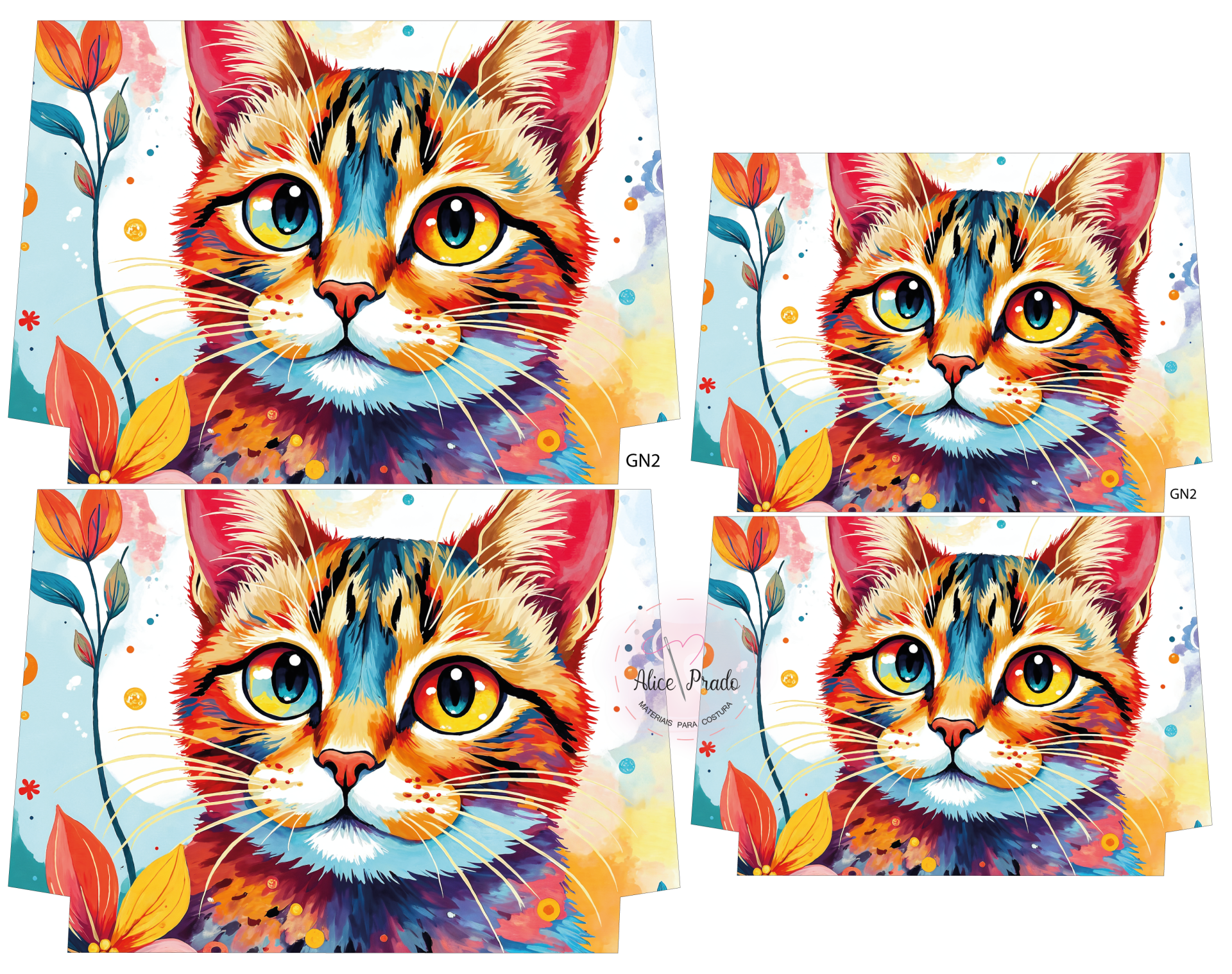 Estampas coloridas de gato com olhos grandes e flores ao fundo