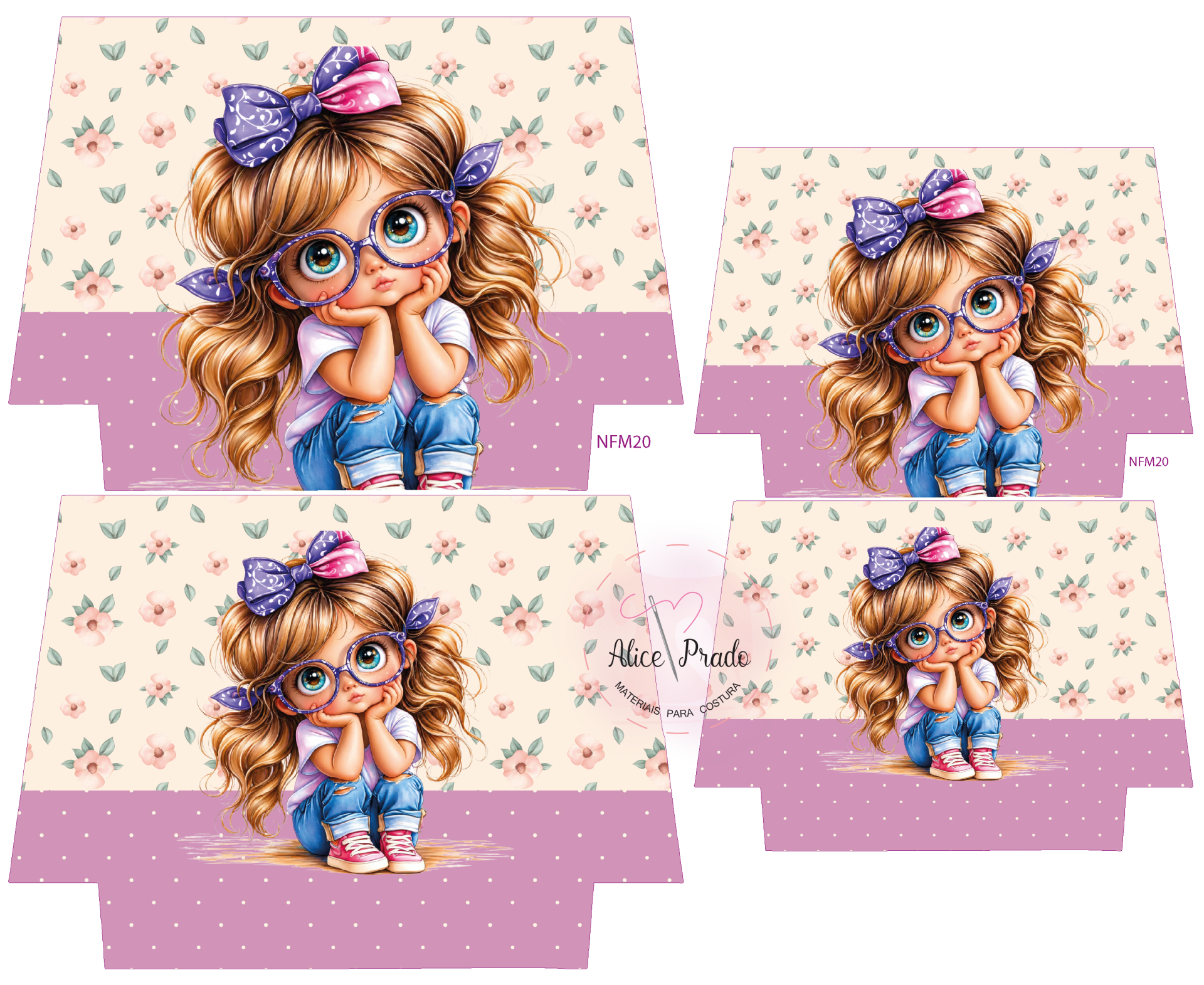 Embalagem de papel com desenho de menina de óculos e laços, fundo floral e lilás com pontos brancos