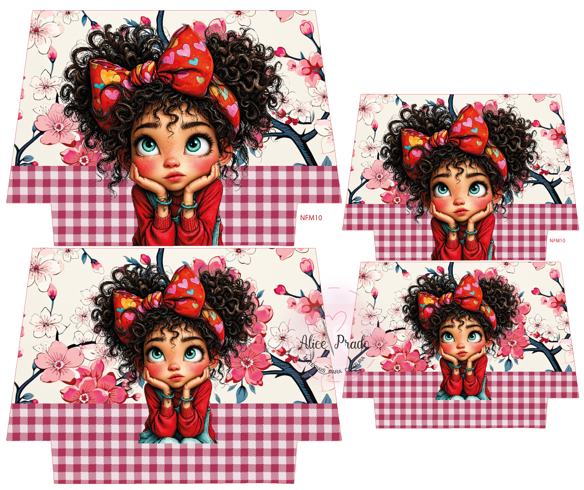 Papel para caixa decorativa com menina caricatura, flores rosa e padrão xadrez vermelho e branco.