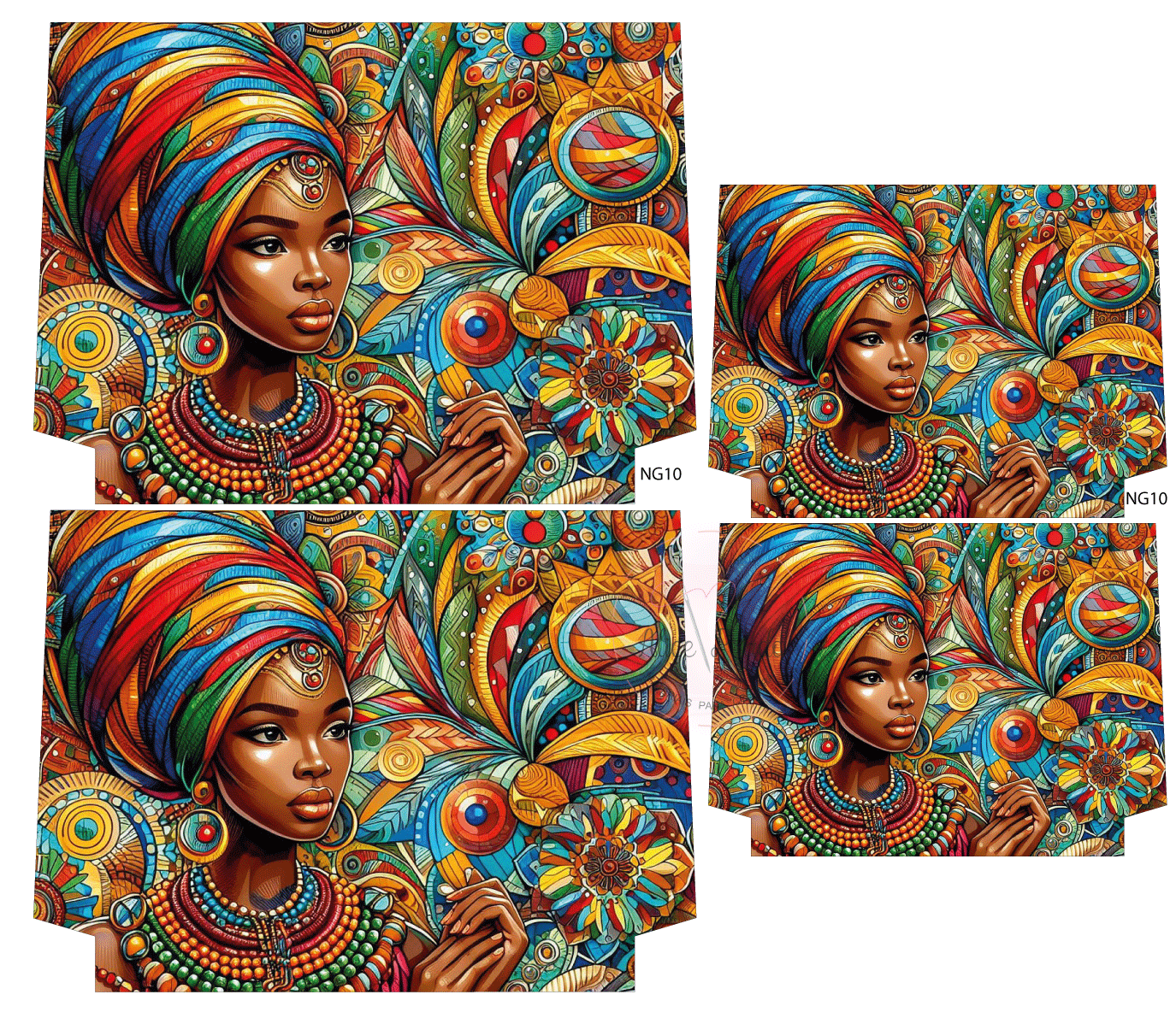 Quadros coloridos com retrato de mulher africana e padrões vibrantes