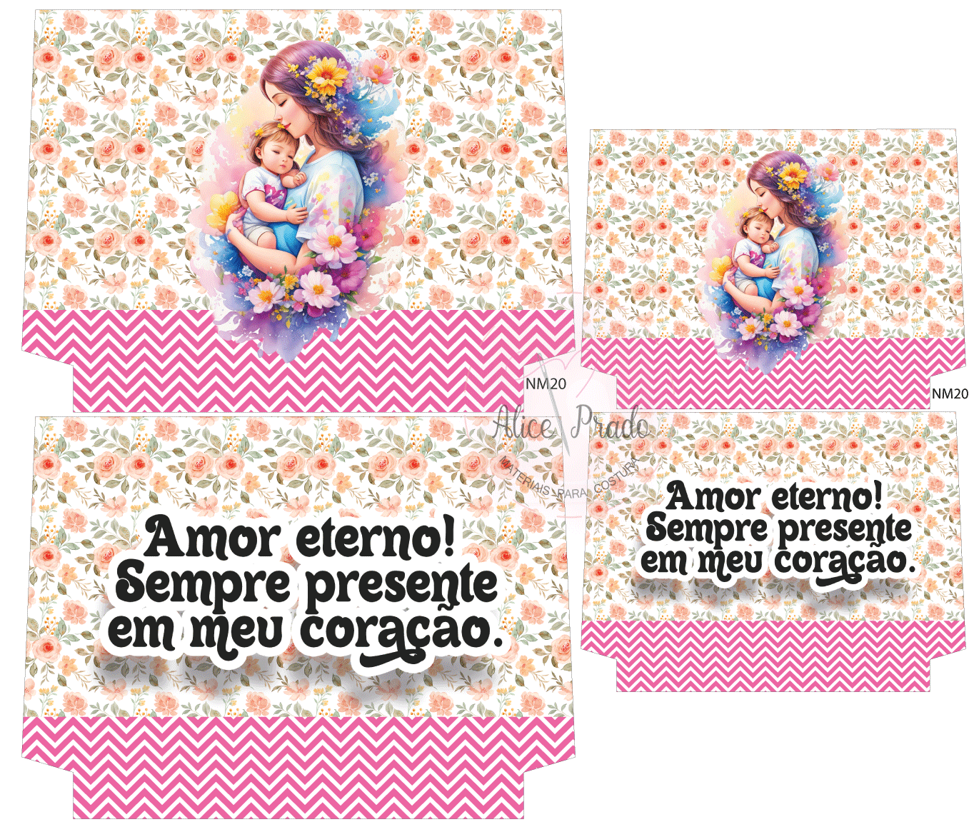 Embalagens com padrão floral, chevron rosa, ilustração de mulher com bebé e texto sentimental.