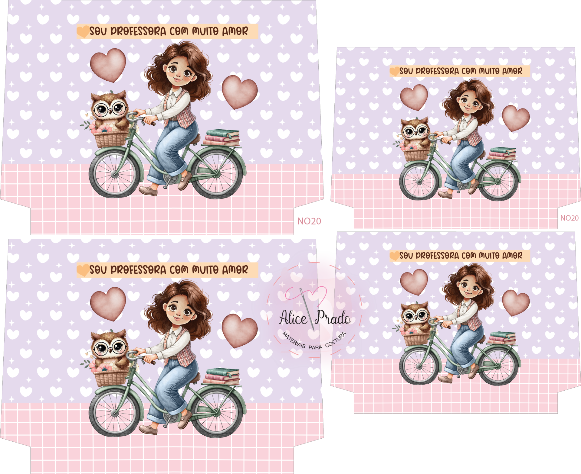 Ilustração de mulher numa bicicleta com coruja, fundo lilás com corações e padrão xadrez rosa