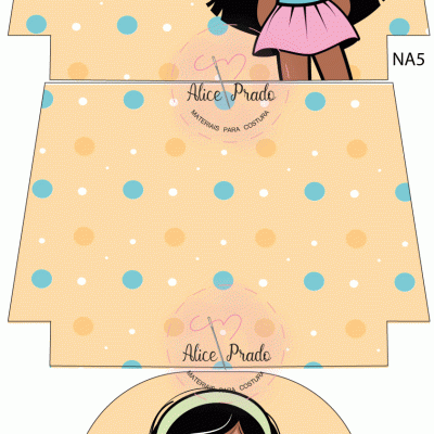 Molde de caixa com desenho de menina e padrão de bolinhas coloridas.