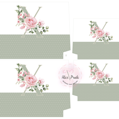 Template de caixa para impressão decorado com letra X e flores cor-de-rosa
