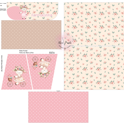 Tecido estampado para bolsa com desenhos de ovelhas, flores, fundo rosa e creme, texto Farmacinha