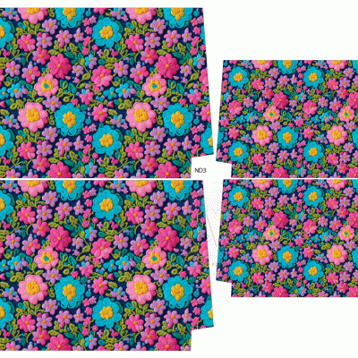 Folhas de papel estampado com padrão floral colorido e números ND3, ND1, ND2 e ND4