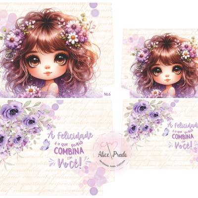 Caixas com ilustração de menina com flores na cabeça e texto motivacional em português.