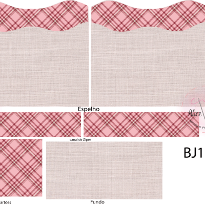 Peças recortadas de tecido para bolsa com padrão xadrez rosa, branco e cinza e etiquetas identificadoras