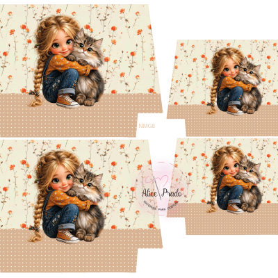 Painel de tecido com rapariga loira e gato, fundo floral creme e bege com bolinhas.