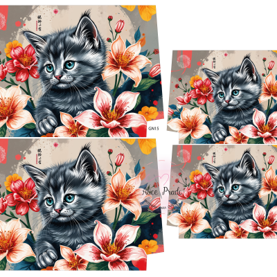 Tecido com padrão digital de gato cinzento entre flores coloridas, fundo cinza com detalhes e texto GN15