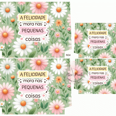 Caixas verdes com flores e texto em português sobre felicidade