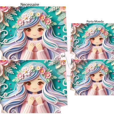 Necessaire e porta moeda com ilustração de menina com flores no cabelo