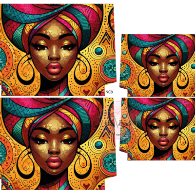 Ilustração colorida do rosto de uma mulher com turbante multicolorido e fundo amarelo com padrões circulares