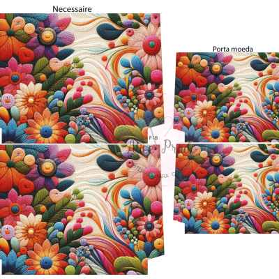 Conjunto necessaire e porta moeda com padrão floral colorido e textura em relevo