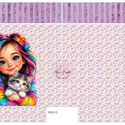 Painel tecido com rapariga colorida e gato em fundo floral lilás.