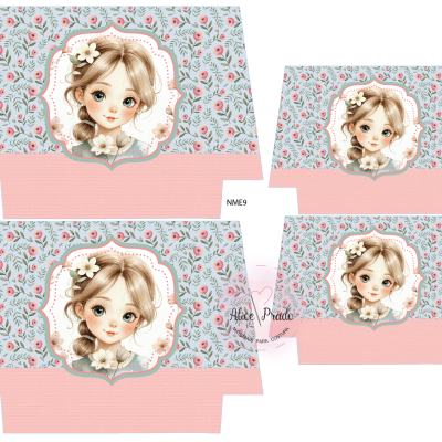 Padrão de papel com ilustração de menina e fundo floral azul e rosa