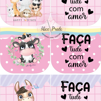 Babetes infantis com desenhos de animais e texto em português 'FAÇA tudo com amor'