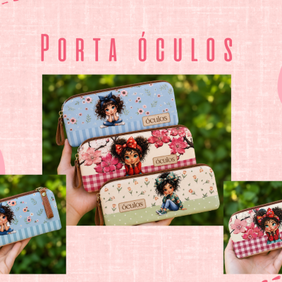 Três porta-óculos decorativos com estampados de meninas e flores