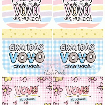 Três pares de desenhos coloridos com mensagens em português para avós, com fundos listrados, xadrez e floridos.