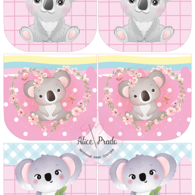 Desenhos de coalas fofos em fundos rosa e azul, com flores e folhas, assinatura Alice Prado e código P24