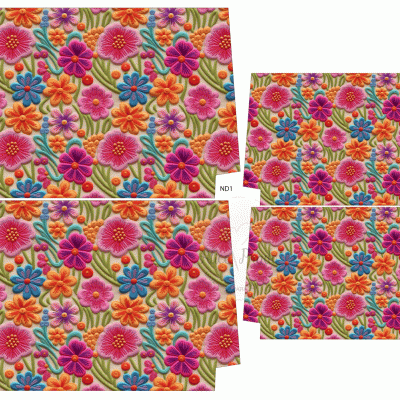 tecido padrão floral colorido com bordados e código ND1