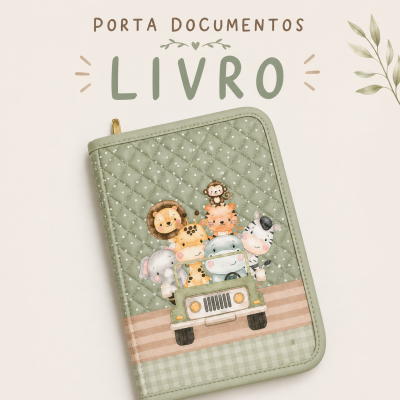 Porta documentos tecido verde acolchoado com ilustração de animais num carro