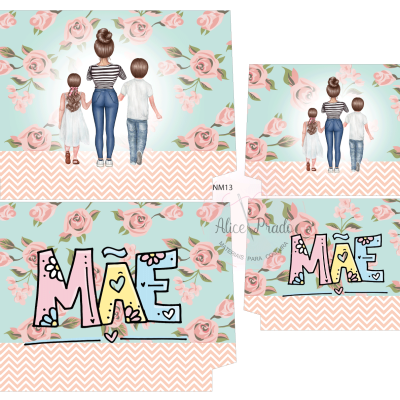 Conjunto decorativo com padrão floral e texto 'MÃE', com ilustração de mãe e filhos
