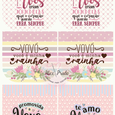 Designs para produtos em tecido com frases sobre avós e padrões florais e de corações