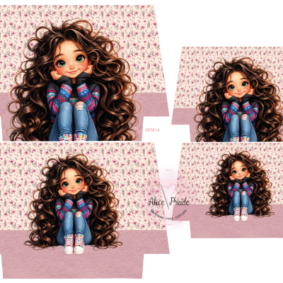Ilustração de rapariga com cabelo comprido e encaracolado, suéter colorido, jeans rasgados e ténis, fundo floral rosa
