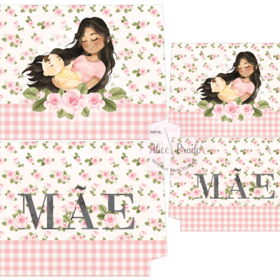 Conjunto decorativo floral com mulher e criança, texto MÃE