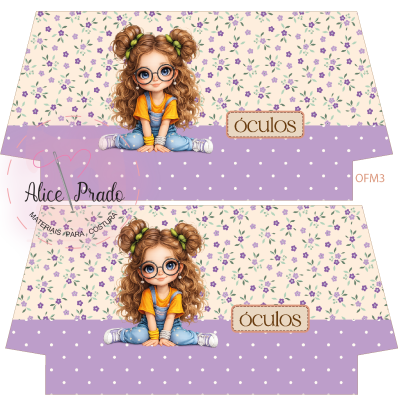 Embalagem decorativa com desenho de menina de cabelos encaracolados e óculos, padrão floral lilás e creme, texto óculos e Alice Prado
