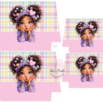 Papel com padrão quadriculado colorido e ilustração de menina com cabelo cacheado e acessórios coloridos