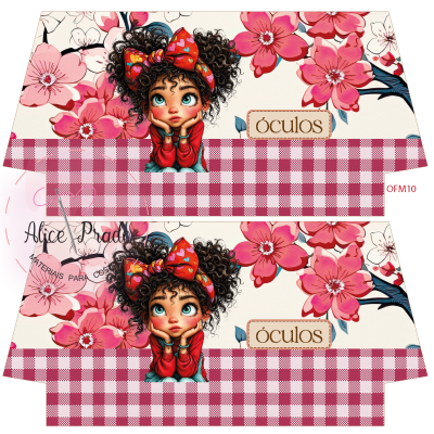 Estojo para óculos tecido com padrão xadrez vermelho, flores rosas e ilustração de menina com laço vermelho