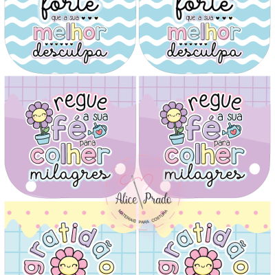 Desenhos coloridos com frases motivacionais em português, ilustrações de cacto e flores, selo 'Alice Prado MATERIAIS PARA COSTURA'