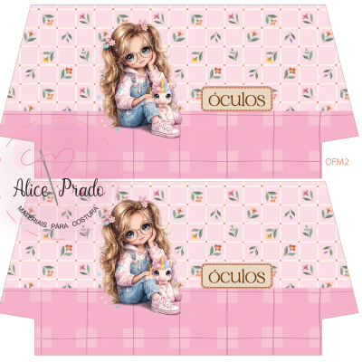 Capa ou organizador para óculos com padrão rosa, flores e ilustração de menina com óculos e unicórnio.