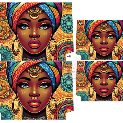 Toalhas com estampa de rosto feminino com turbante colorido e padrões circulares