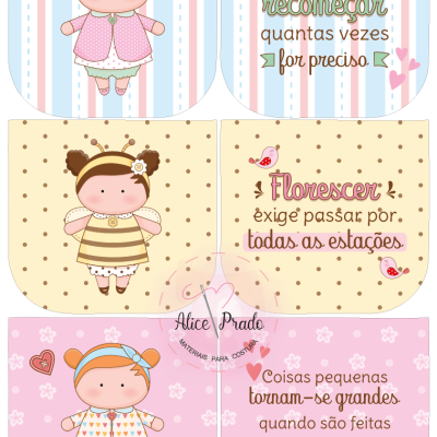 Três pares de ilustrações com bonecas cartoon e frases motivacionais em português com fundos coloridos e padrões variados.