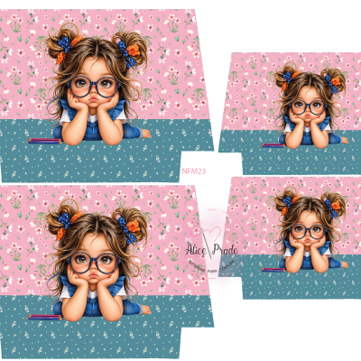 Tecido com padrão de menina e padrão floral fundo rosa e azul