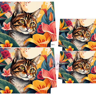 Imagem digital com quatro padrões de impressão de rosto de gato com flores coloridas.