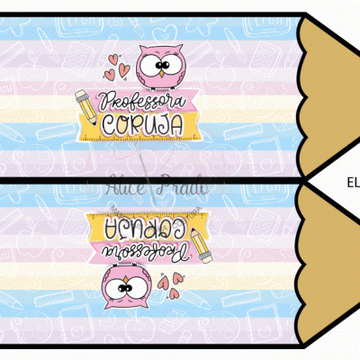 Ilustração de lápis grande com frase Professora Coruja e desenho de coruja