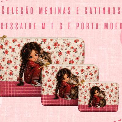 Três necessaires com padrão floral e ilustração de menina e gato sobre fundo rosa claro e texto promocional
