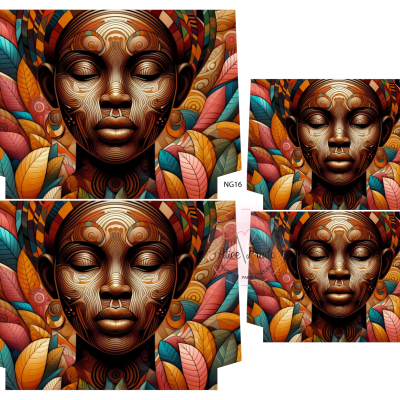 Pinturas digitais de rosto feminino com olhos fechados e folhas coloridas ao redor