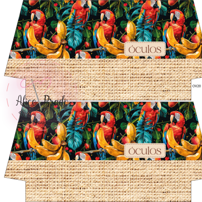 Embalagens coloridas para óculos com padrão de papagaios e bananas e textura de juta