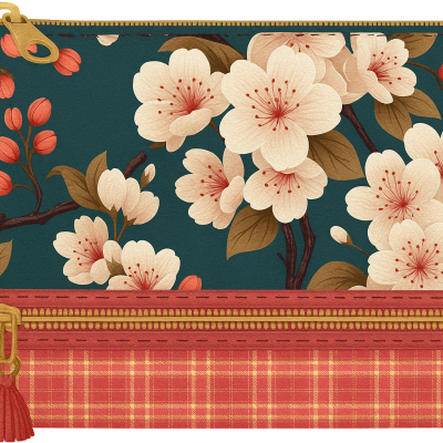 Carteira floral azul com padrão xadrez vermelho e fechos dourados com tassel