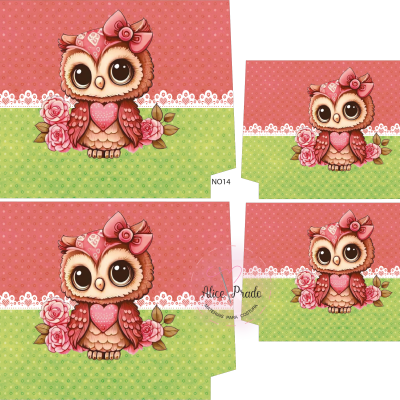 Conjunto de caixas de cartão com desenho de coruja cor-de-rosa e flores, fundo rosa e verde